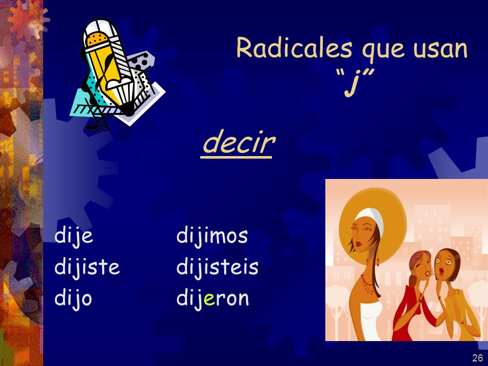 decir Radicales que usan j dije dijiste dijo dijimos dijisteis