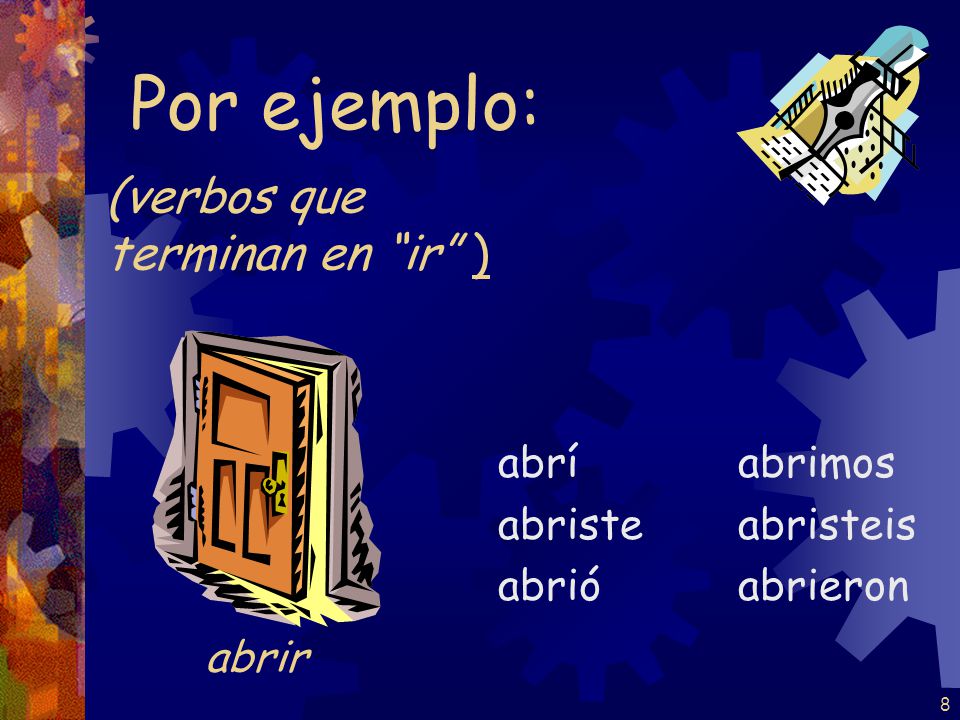 Por ejemplo: (verbos que terminan en ir ) abrir abrí abriste abrió