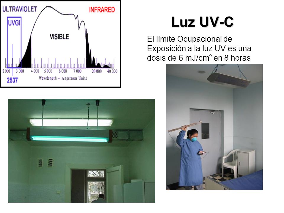 Luz UV-C El límite Ocupacional de Exposición a la luz UV es una dosis de 6 mJ/cm2 en 8 horas.