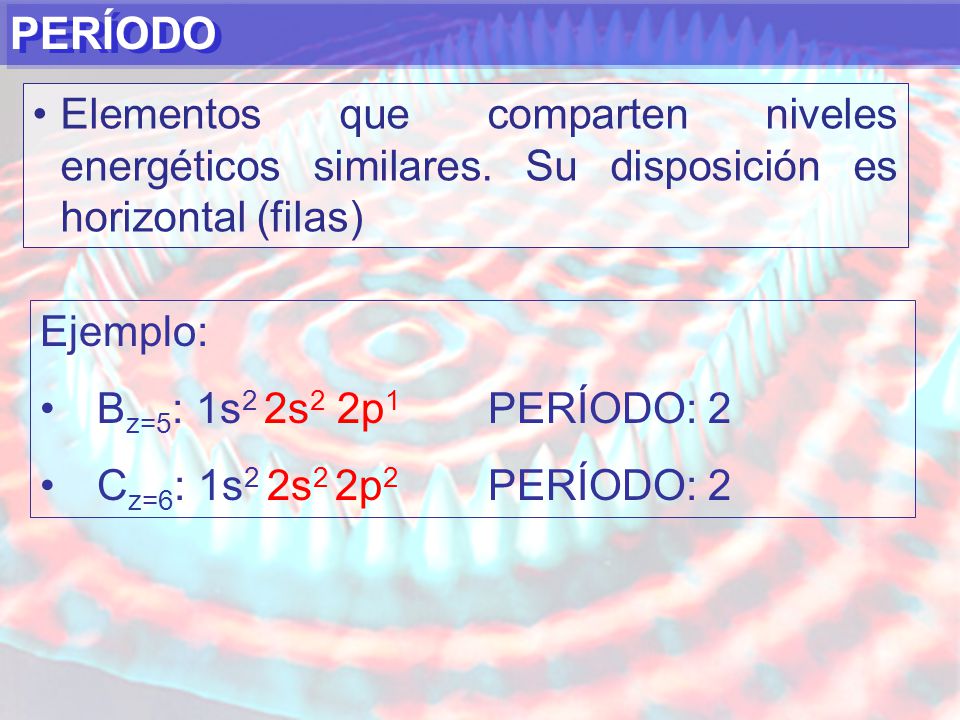 PERÍODO Elementos que comparten niveles energéticos similares. Su disposición es horizontal (filas)