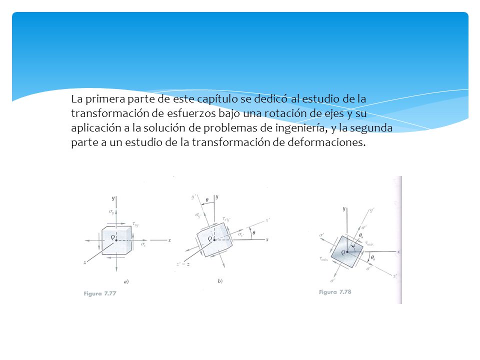 La primera parte de este capítulo se dedicó al estudio de la transformación de esfuerzos bajo una rotación de ejes y su aplicación a la solución de problemas de ingeniería, y la segunda parte a un estudio de la transformación de deformaciones.