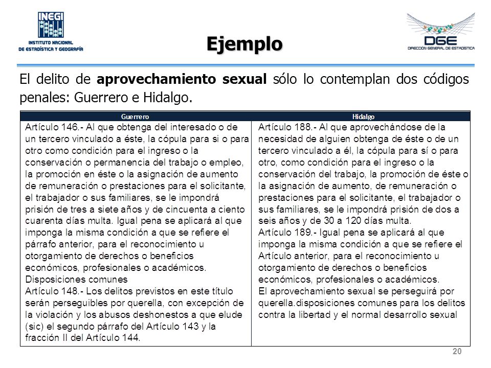 Ejemplo El delito de aprovechamiento sexual sólo lo contemplan dos códigos penales: Guerrero e Hidalgo.