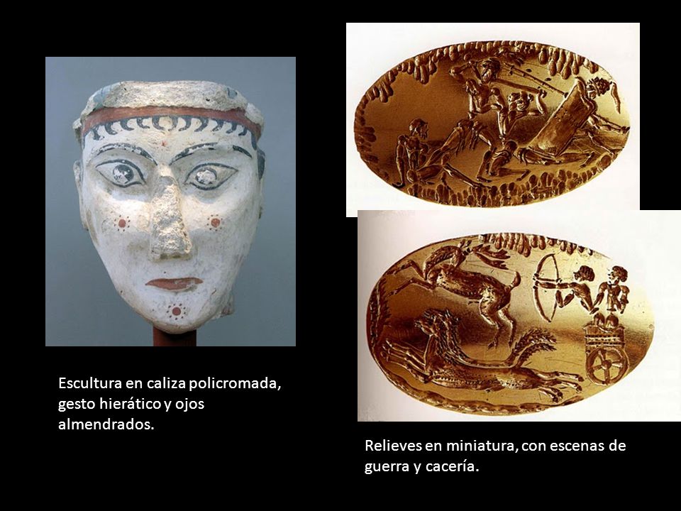La escultura de busto más conocida de la época micénica es la Triada Divina , representa a dos mujeres y un niño. Las mujeres tienen los pechos al descubierto y llevan joyas y ropa creto-micénica – la famosa falda de faralaos o volantes acampanados con corpiño ajustado-, representan a las diosas Demeter y Perséfone y al dios Lacco o Triptólemo, todos vinculados con la agricultura y fertilidad de los campos.