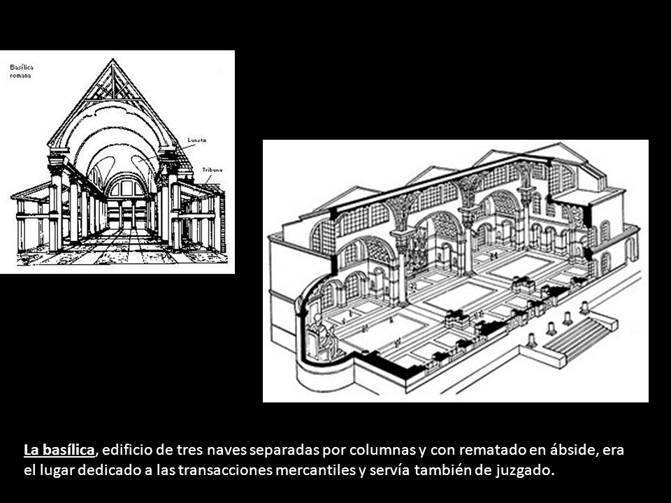La basílica, edificio de tres naves separadas por columnas y con rematado en ábside, era el lugar dedicado a las transacciones mercantiles y servía también de juzgado.