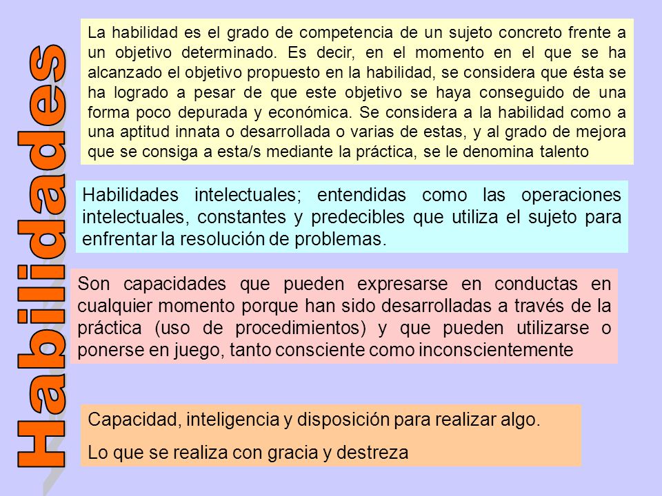 La habilidad es el grado de competencia de un sujeto concreto frente a un objetivo determinado. Es decir, en el momento en el que se ha alcanzado el objetivo propuesto en la habilidad, se considera que ésta se ha logrado a pesar de que este objetivo se haya conseguido de una forma poco depurada y económica. Se considera a la habilidad como a una aptitud innata o desarrollada o varias de estas, y al grado de mejora que se consiga a esta/s mediante la práctica, se le denomina talento