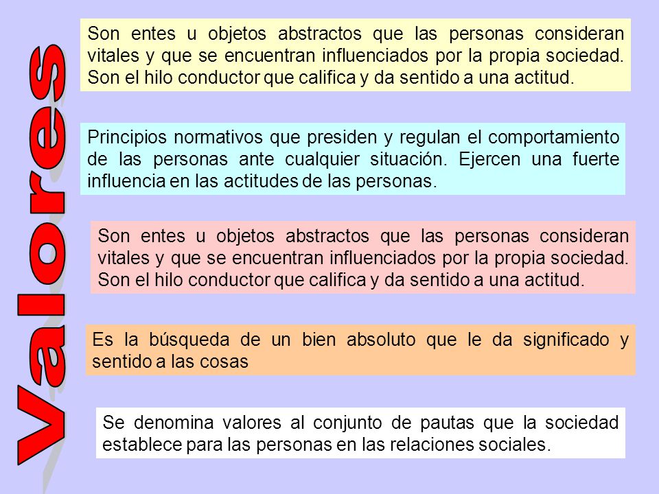 Son entes u objetos abstractos que las personas consideran vitales y que se encuentran influenciados por la propia sociedad. Son el hilo conductor que califica y da sentido a una actitud.