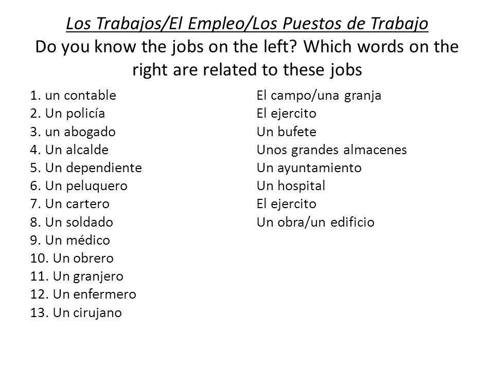 Los Trabajos/El Empleo/Los Puestos de Trabajo Do you know the jobs on the left Which words on the right are related to these jobs