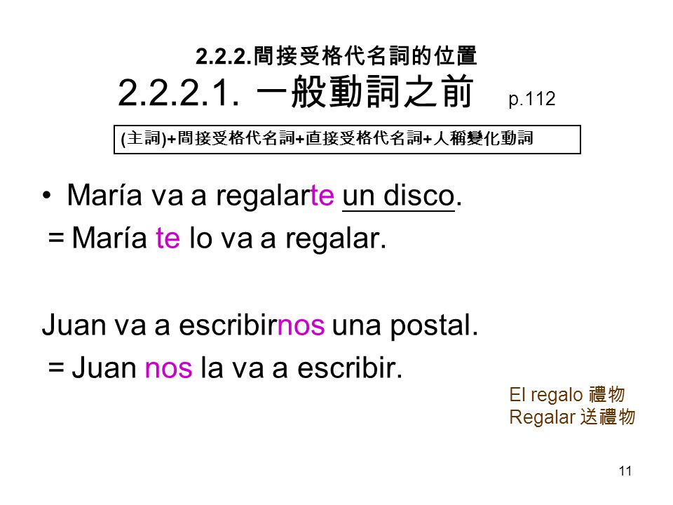 María va a regalarte un disco. ＝María te lo va a regalar.