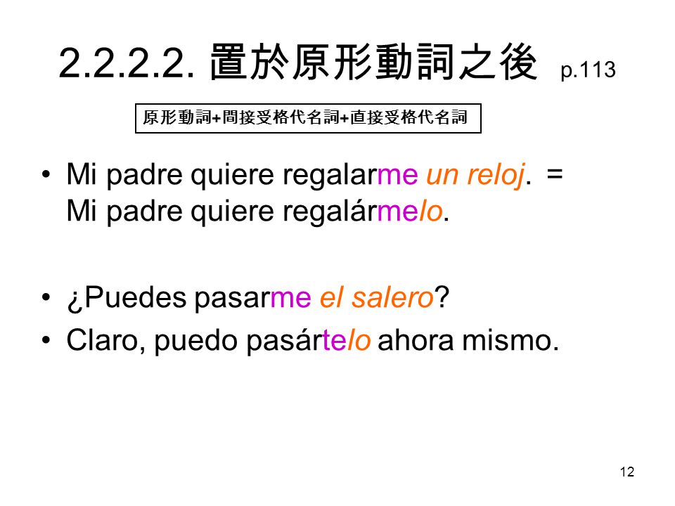 置於原形動詞之後 p.113 原形動詞+間接受格代名詞+直接受格代名詞. Mi padre quiere regalarme un reloj. ＝Mi padre quiere regalármelo.