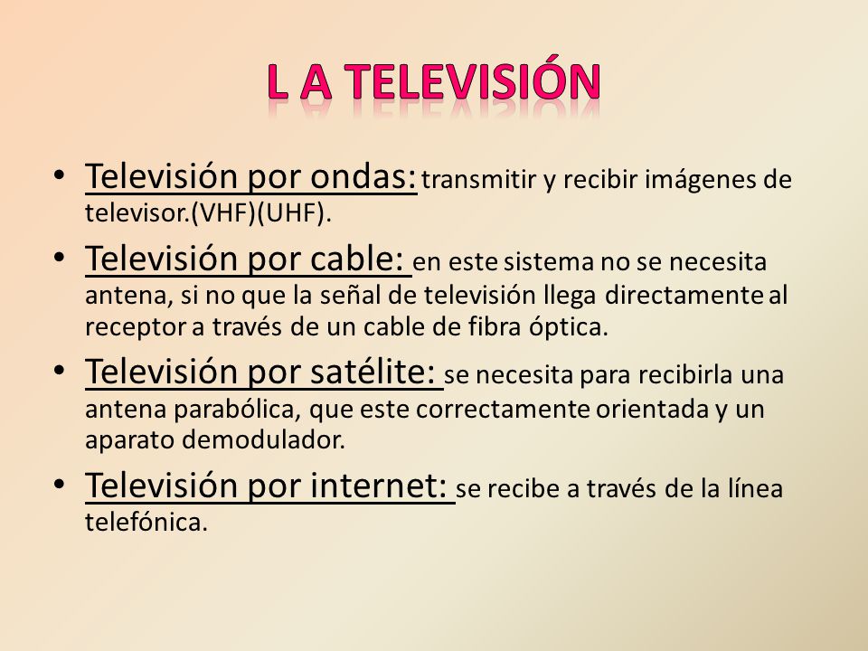 l a televisión Televisión por ondas: transmitir y recibir imágenes de televisor.(VHF)(UHF).