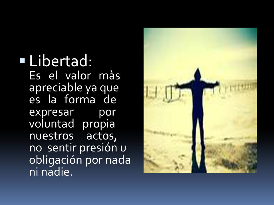 Libertad: Es el valor màs apreciable ya que es la forma de expresar por voluntad propia nuestros actos, no sentir presión u obligación por nada ni nadie.