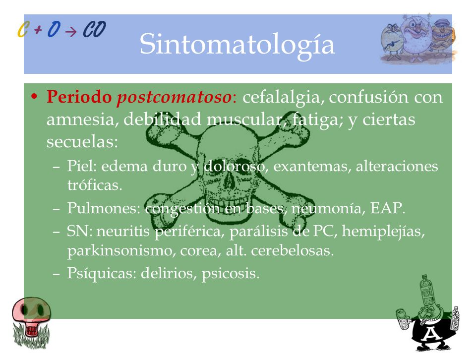 Sintomatología Periodo postcomatoso: cefalalgia, confusión con amnesia, debilidad muscular, fatiga; y ciertas secuelas: