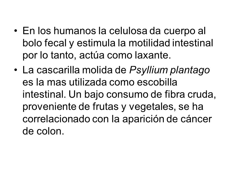 En los humanos la celulosa da cuerpo al bolo fecal y estimula la motilidad intestinal por lo tanto, actúa como laxante.