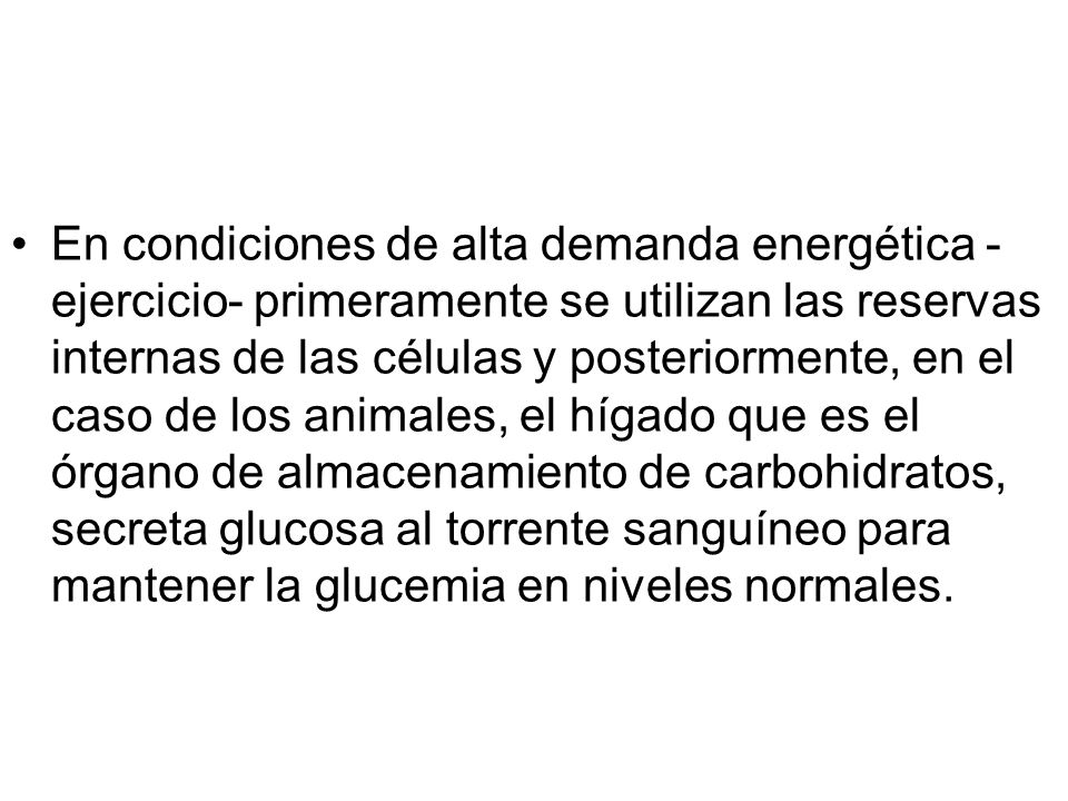 En condiciones de alta demanda energética -ejercicio- primeramente se utilizan las reservas internas de las células y posteriormente, en el caso de los animales, el hígado que es el órgano de almacenamiento de carbohidratos, secreta glucosa al torrente sanguíneo para mantener la glucemia en niveles normales.