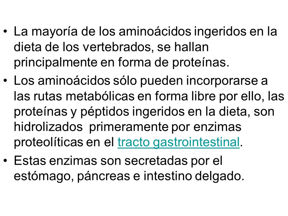 La mayoría de los aminoácidos ingeridos en la dieta de los vertebrados, se hallan principalmente en forma de proteínas.