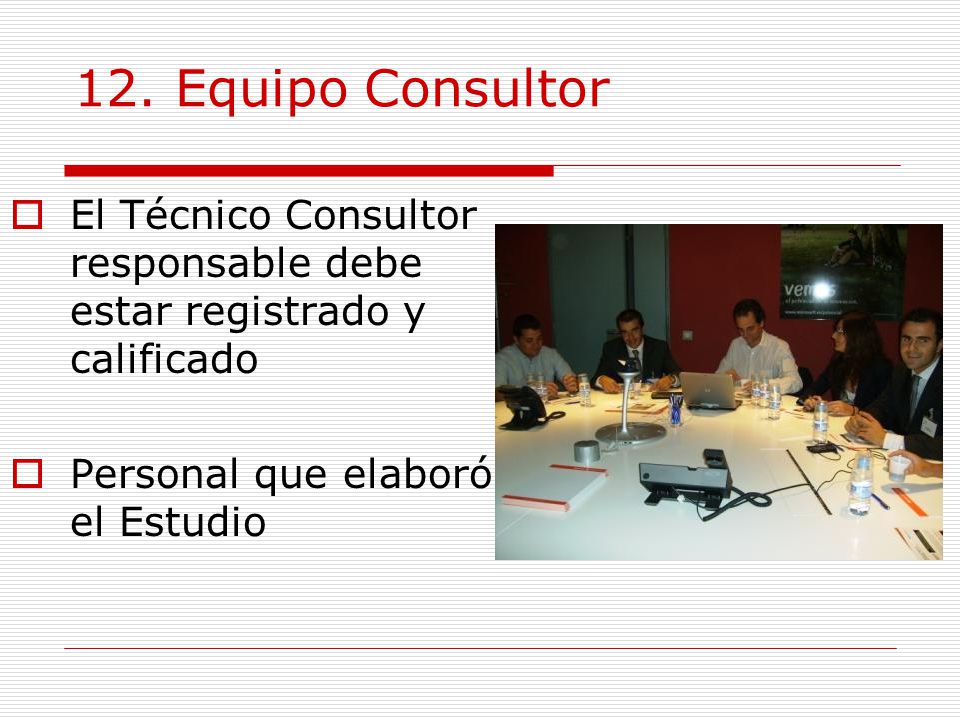 12. Equipo Consultor El Técnico Consultor responsable debe estar registrado y calificado.