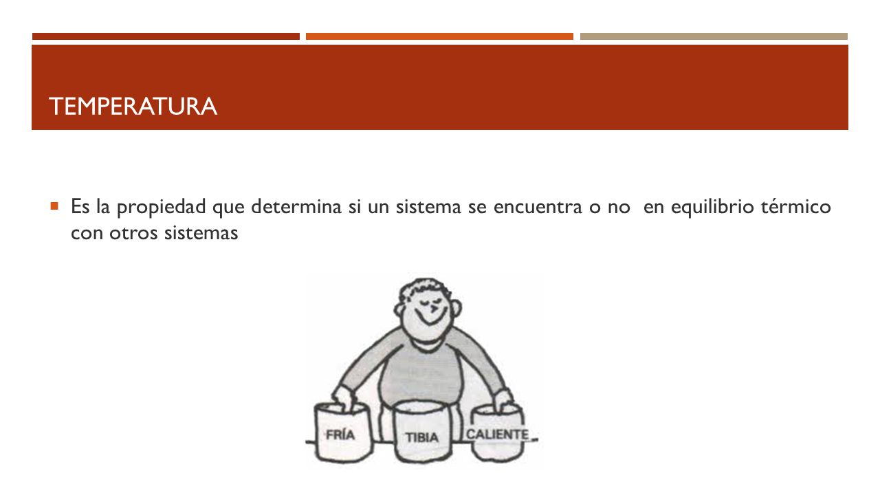 Temperatura Es la propiedad que determina si un sistema se encuentra o no en equilibrio térmico con otros sistemas.