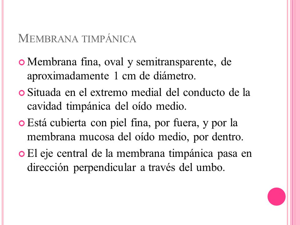Membrana timpánica Membrana fina, oval y semitransparente, de aproximadamente 1 cm de diámetro.
