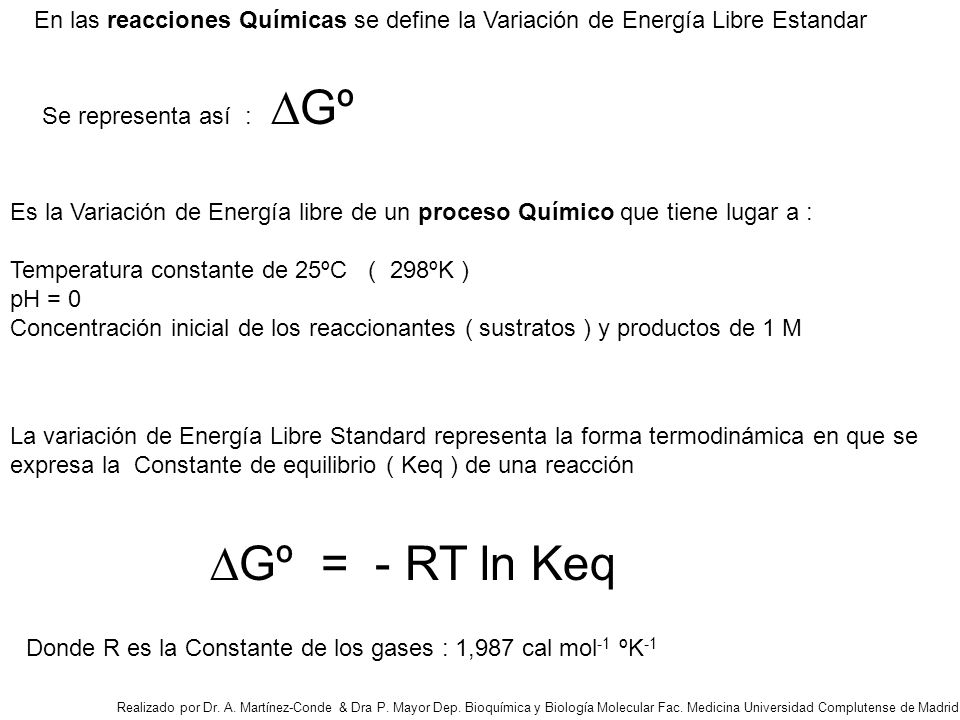 En las reacciones Químicas se define la Variación de Energía Libre Estandar