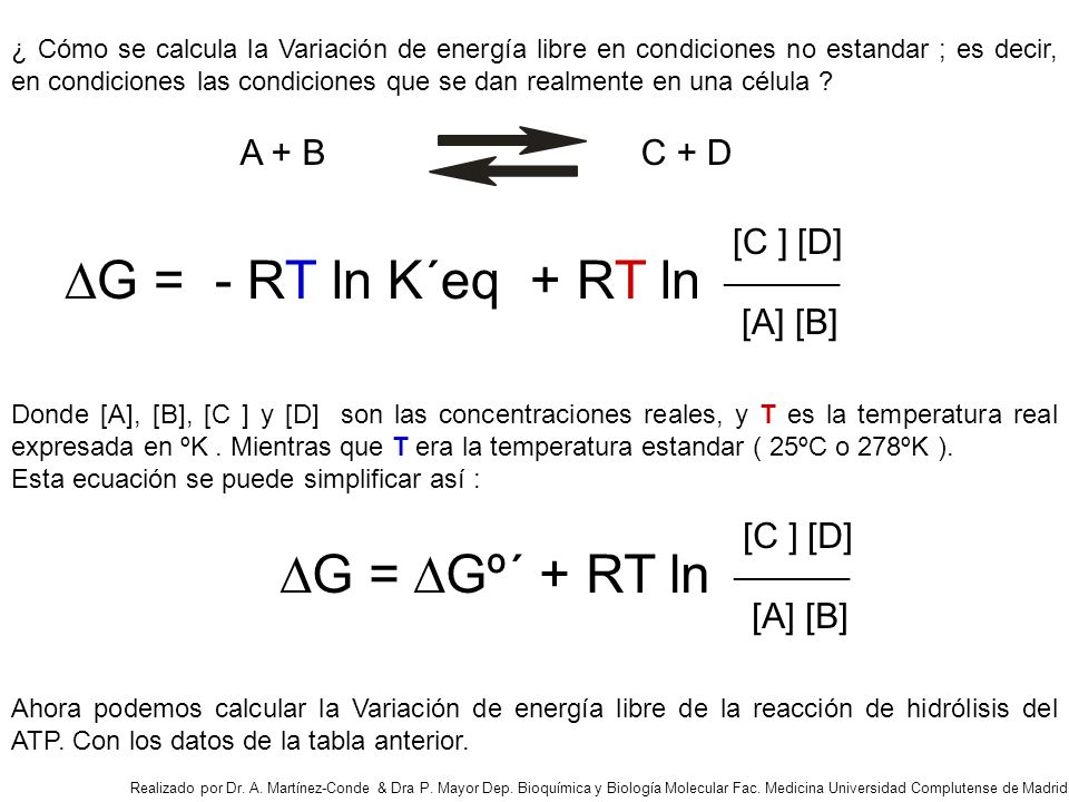 DG = - RT ln K´eq + RT ln DG = DGº´ + RT ln A + B C + D [C ] [D]