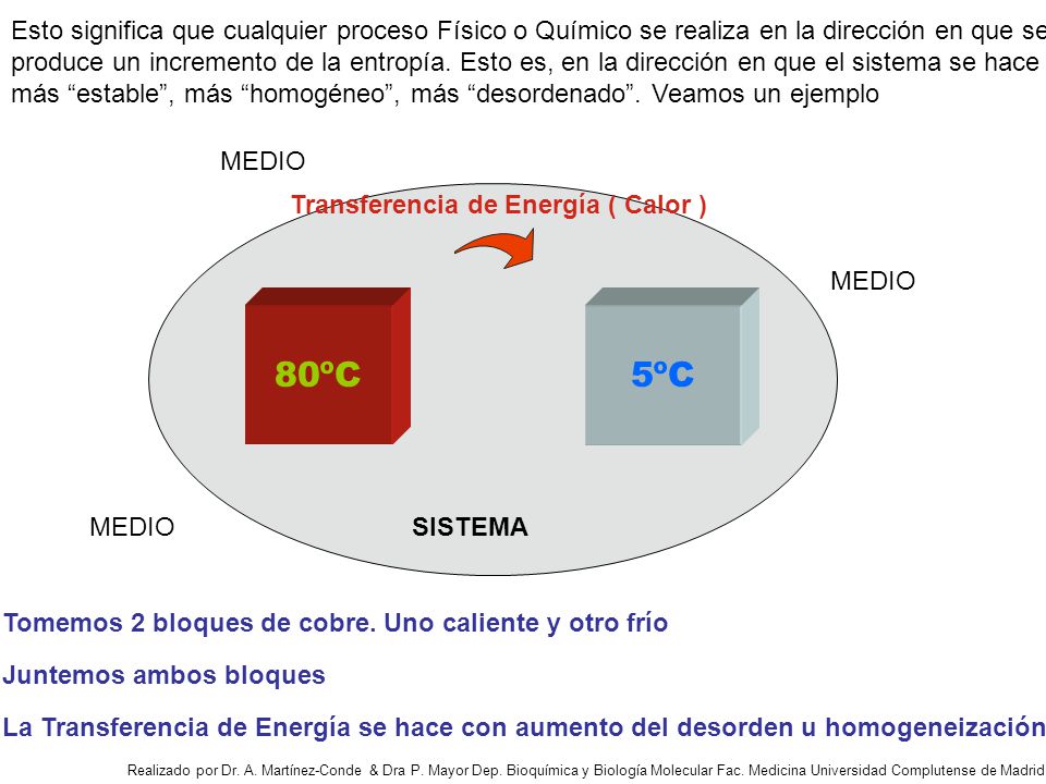 Esto significa que cualquier proceso Físico o Químico se realiza en la dirección en que se produce un incremento de la entropía. Esto es, en la dirección en que el sistema se hace más estable , más homogéneo , más desordenado . Veamos un ejemplo