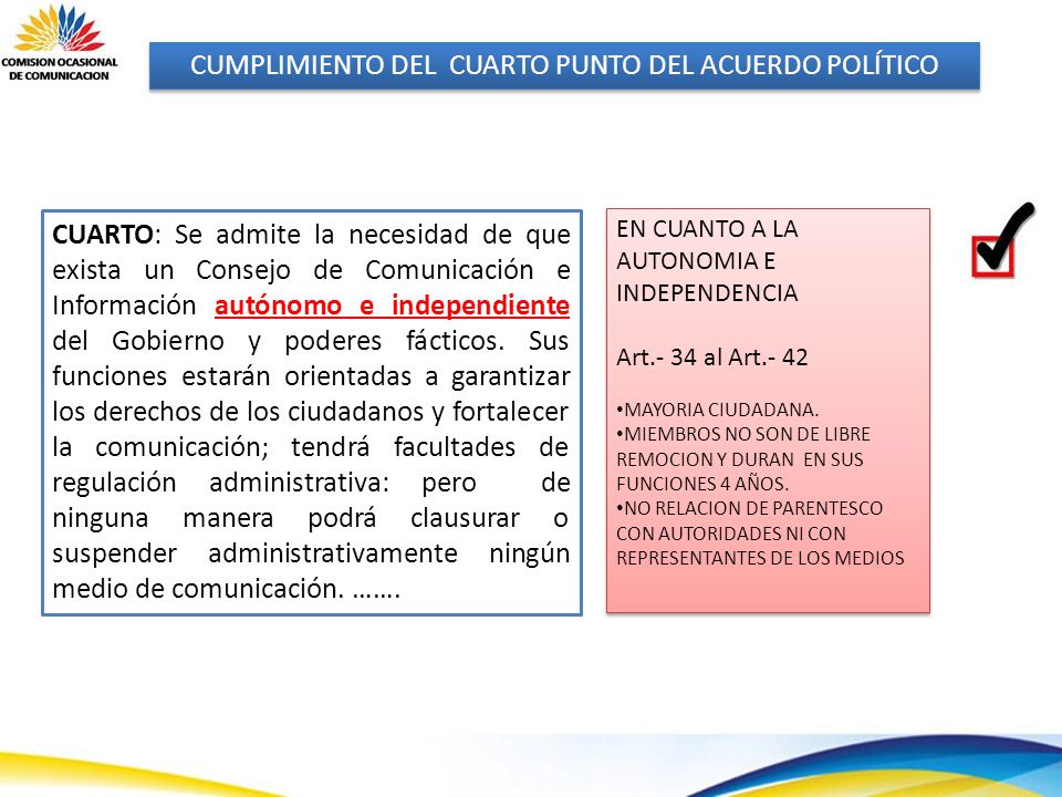 CUMPLIMIENTO DEL CUARTO PUNTO DEL ACUERDO POLÍTICO