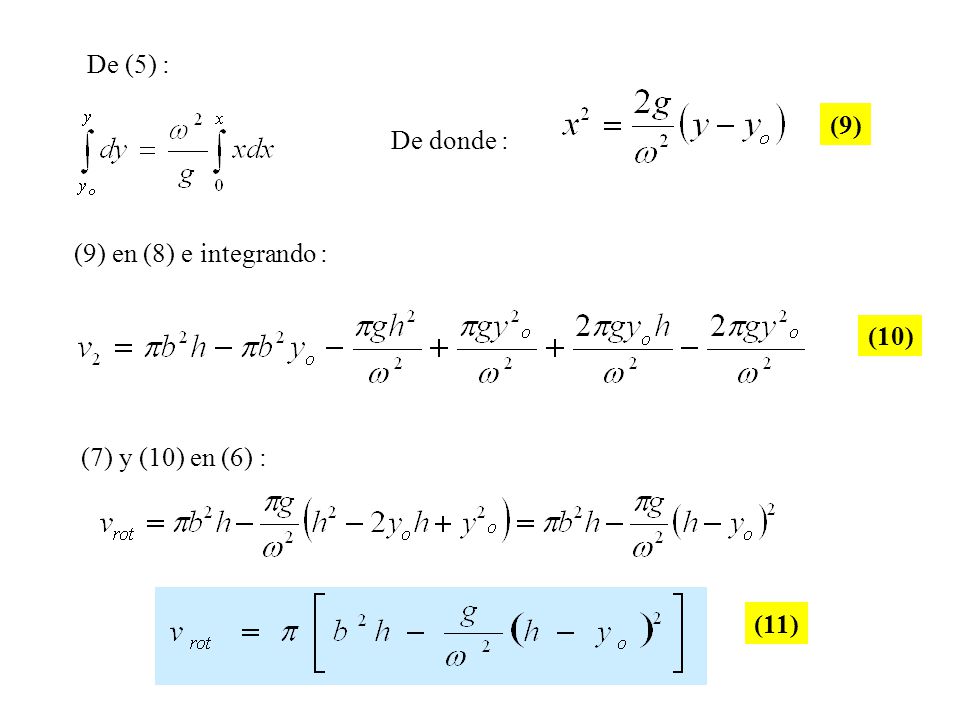 De (5) : (9) De donde : (9) en (8) e integrando : (10) (7) y (10) en (6) : (11)
