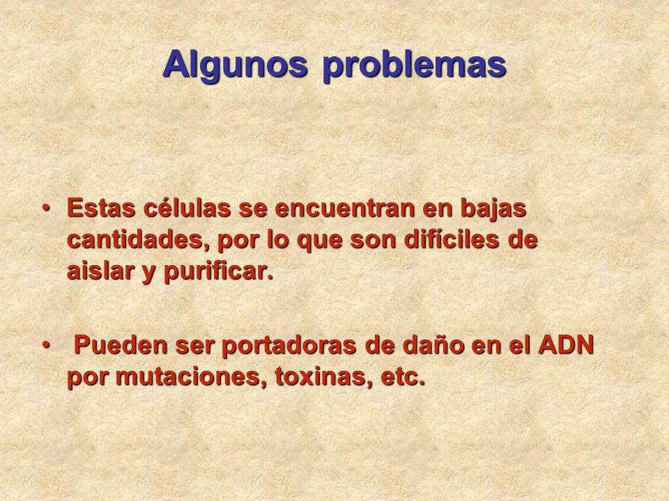 Algunos problemas Estas células se encuentran en bajas cantidades, por lo que son difíciles de aislar y purificar.