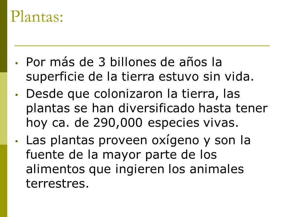Plantas: Por más de 3 billones de años la superficie de la tierra estuvo sin vida.