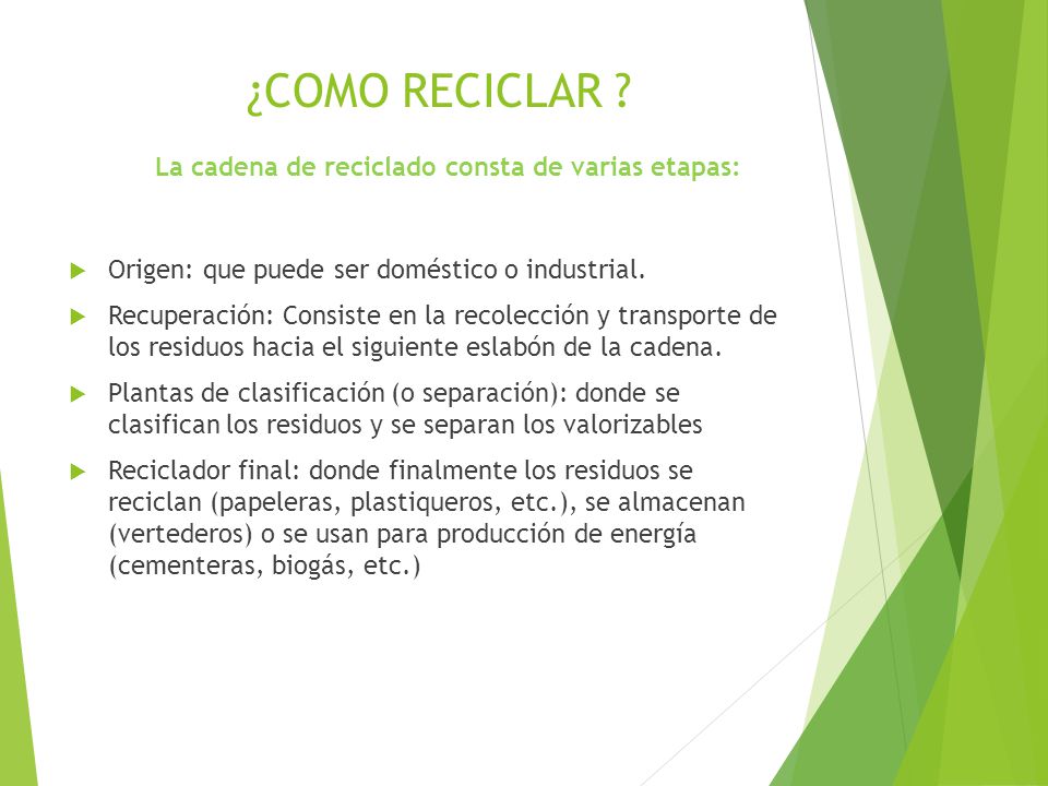 ¿COMO RECICLAR La cadena de reciclado consta de varias etapas: