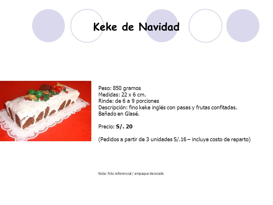 Keke de Navidad Peso: 850 gramos Medidas: 22 x 6 cm.