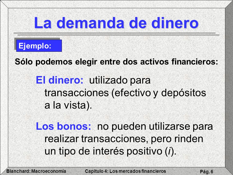 La demanda de dinero Ejemplo: Sólo podemos elegir entre dos activos financieros:
