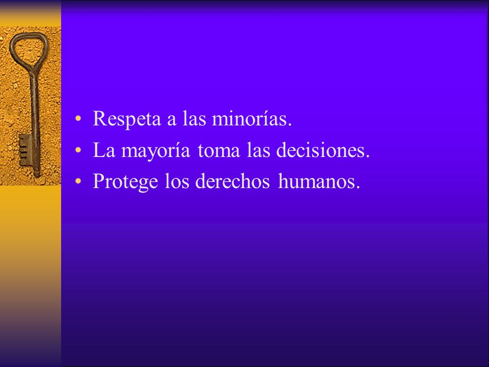 Respeta a las minorías. La mayoría toma las decisiones. Protege los derechos humanos.