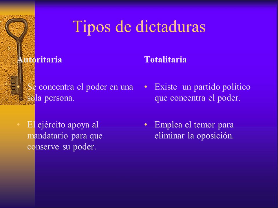 Tipos de dictaduras Autoritaria Totalitaria