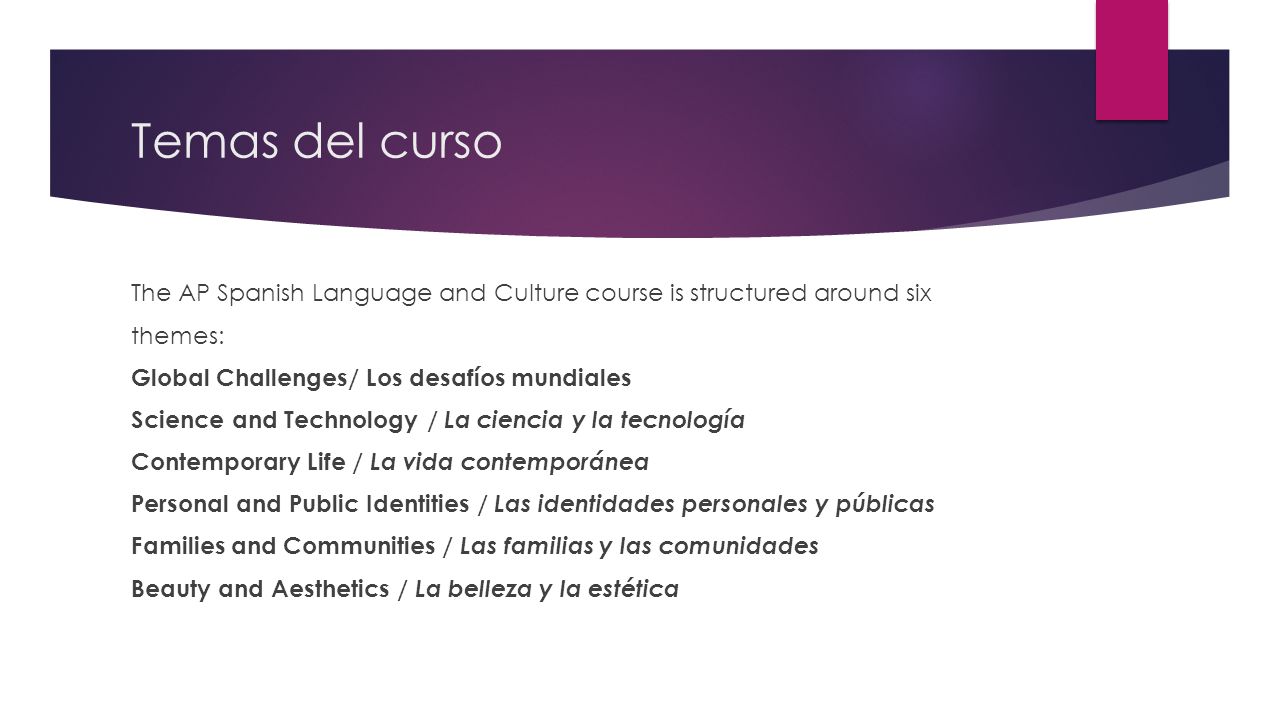 Temas del curso The AP Spanish Language and Culture course is structured around six. themes: Global Challenges/ Los desafíos mundiales.