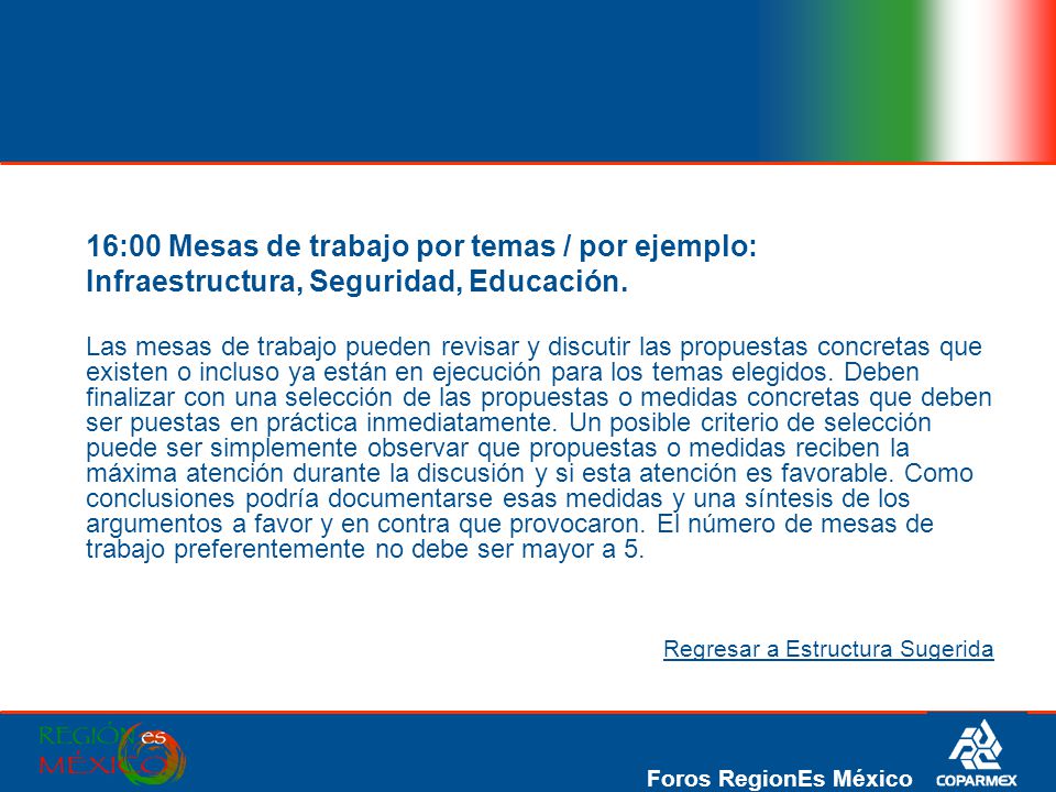 16:00 Mesas de trabajo por temas / por ejemplo: