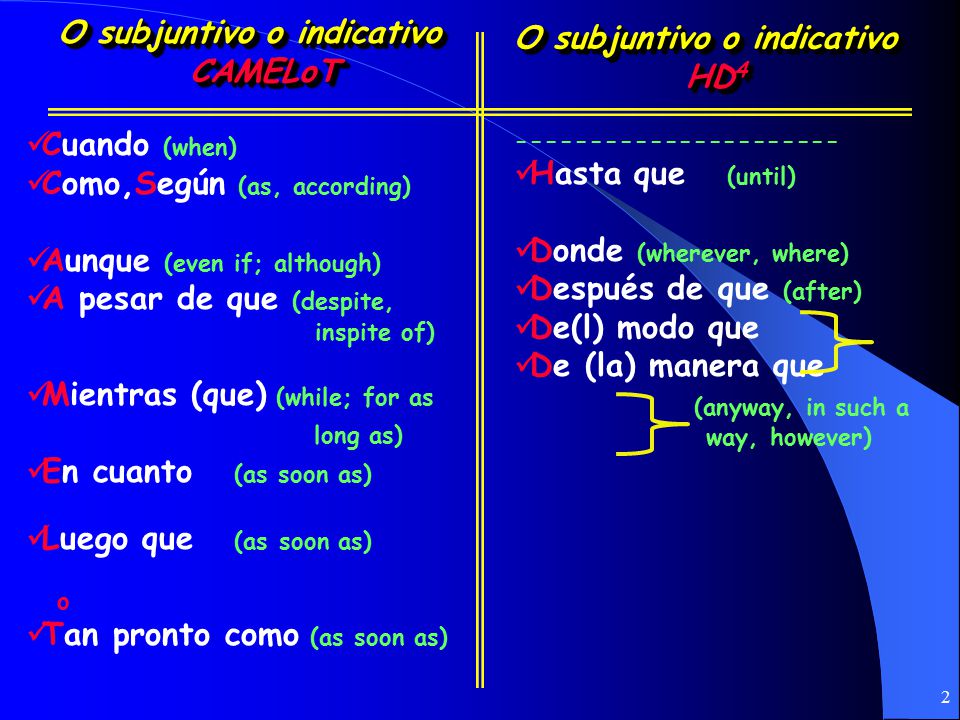 O subjuntivo o indicativo CAMELoT O subjuntivo o indicativo HD4