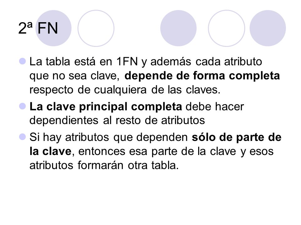 2ª FN La tabla está en 1FN y además cada atributo que no sea clave, depende de forma completa respecto de cualquiera de las claves.