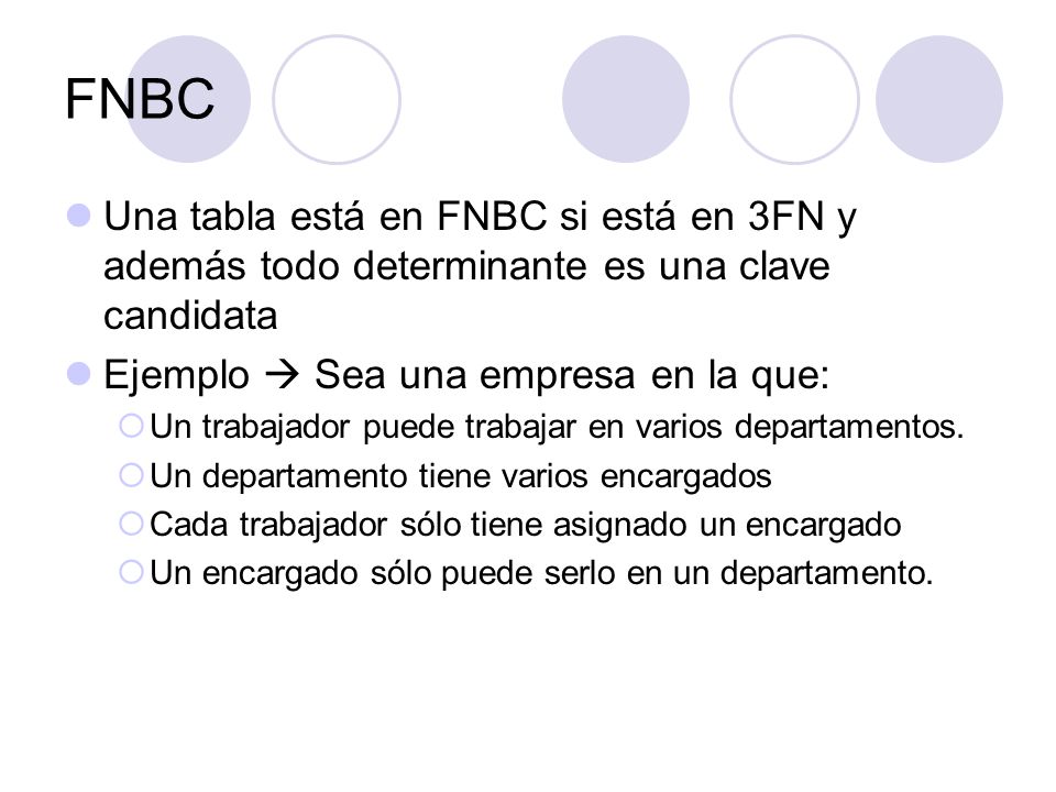 FNBC Una tabla está en FNBC si está en 3FN y además todo determinante es una clave candidata. Ejemplo  Sea una empresa en la que: