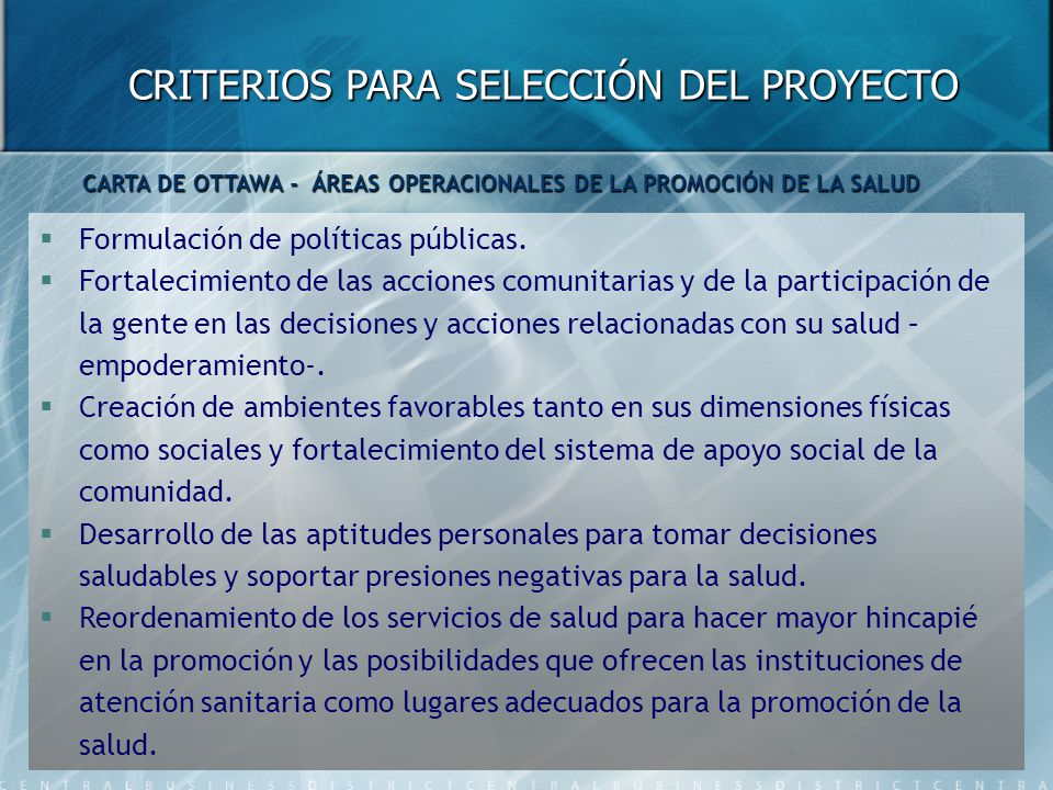 CARTA DE OTTAWA - ÁREAS OPERACIONALES DE LA PROMOCIÓN DE LA SALUD