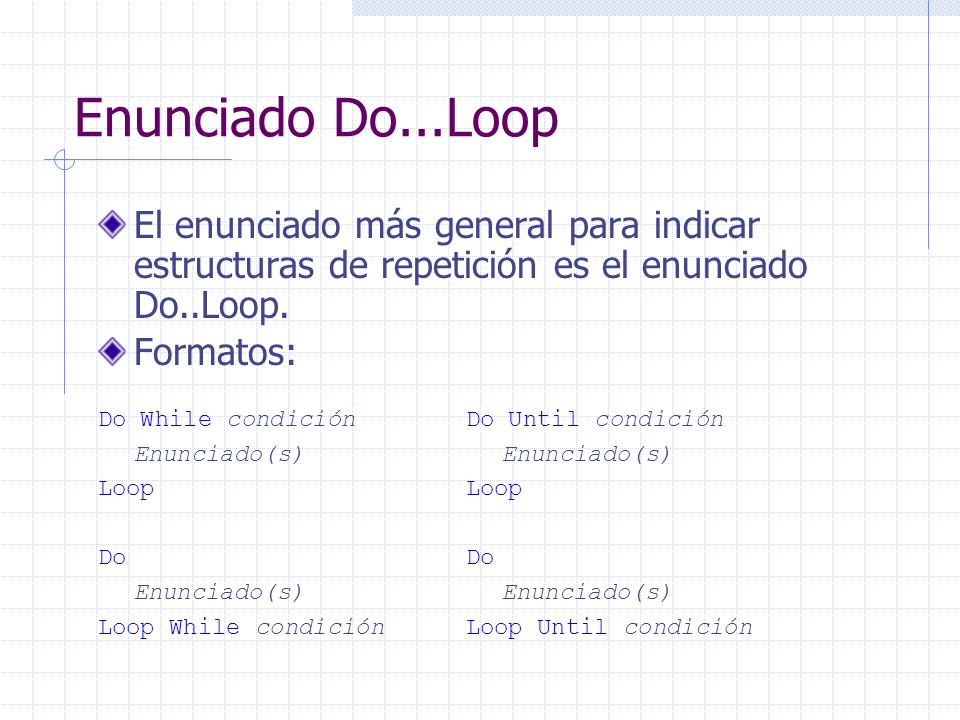 Enunciado Do...Loop El enunciado más general para indicar estructuras de repetición es el enunciado Do..Loop.