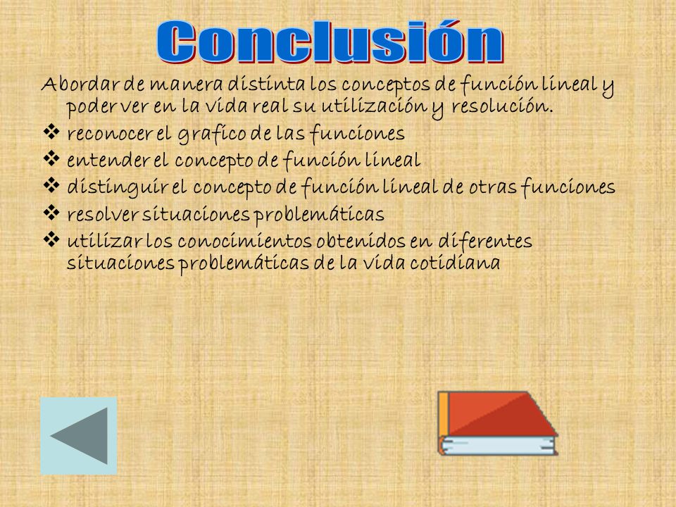 Conclusión Abordar de manera distinta los conceptos de función lineal y poder ver en la vida real su utilización y resolución.