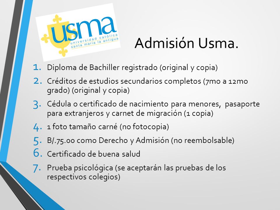 Admisión Usma. Diploma de Bachiller registrado (original y copia)