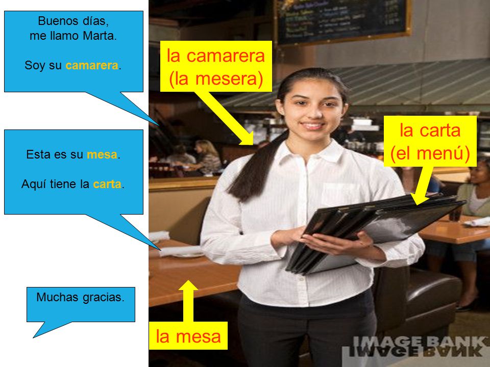 la camarera (la mesera) la carta (el menú) la mesa Buenos días,