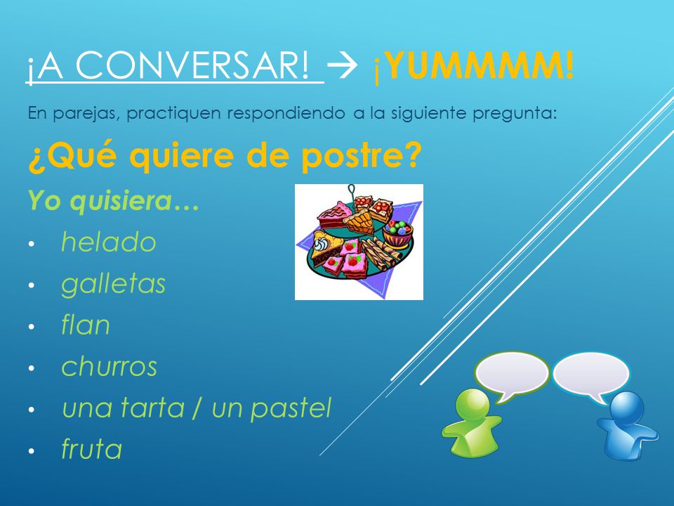 ¡A conversar!  ¡Yummmm! ¿Qué quiere de postre Yo quisiera… helado