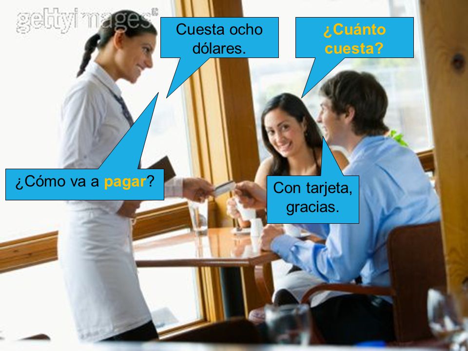 Cuesta ocho dólares. ¿Cuánto cuesta ¿Cómo va a pagar Con tarjeta, gracias.