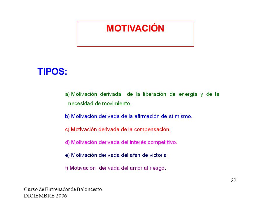 MOTIVACIÓN TIPOS: 22 Curso de Entrenador de Baloncesto DICIEMBRE 2006
