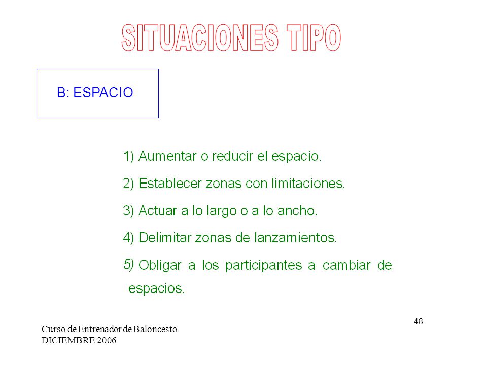 SITUACIONES TIPO B: ESPACIO Curso de Entrenador de Baloncesto