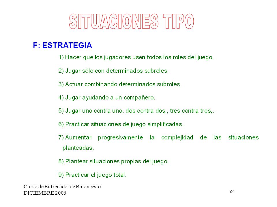 SITUACIONES TIPO F: ESTRATEGIA Curso de Entrenador de Baloncesto