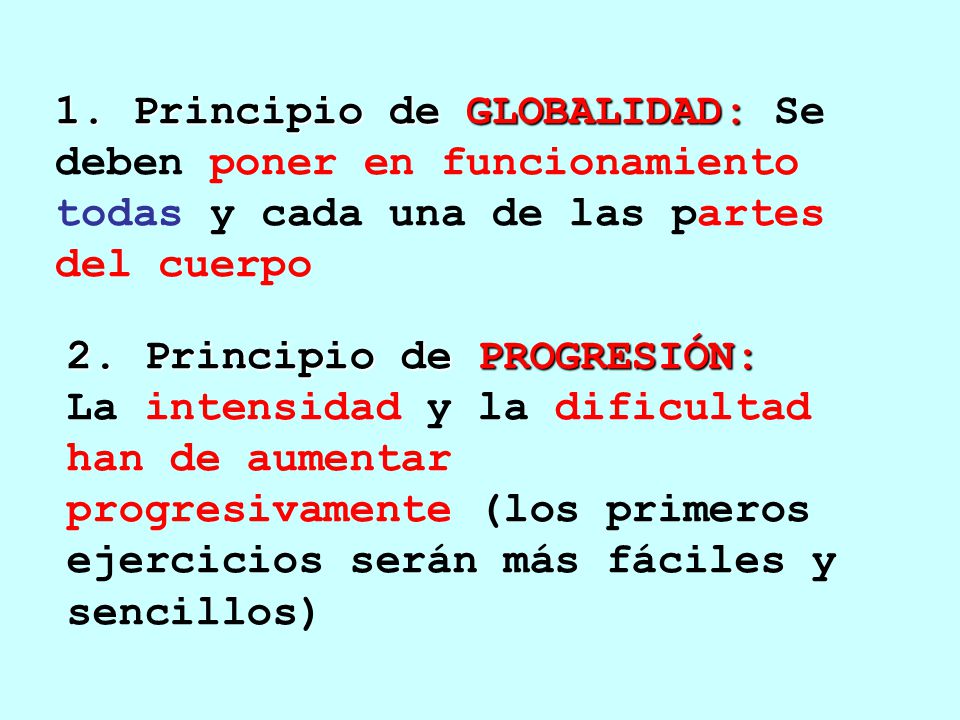 1. Principio de GLOBALIDAD: Se deben poner en funcionamiento todas y cada una de las partes del cuerpo